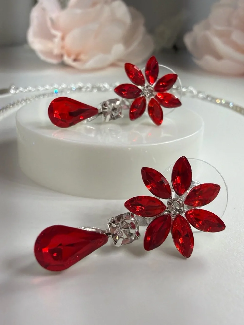 Elegant Red Crystal Floral Necklace & Earring Set - Women Jewelry